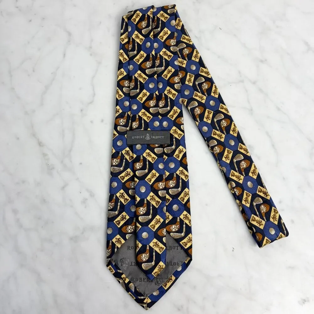Robert Talbott Silk Tie Golf Trophy Clubs Balls Blue Gold Brown Made in USA